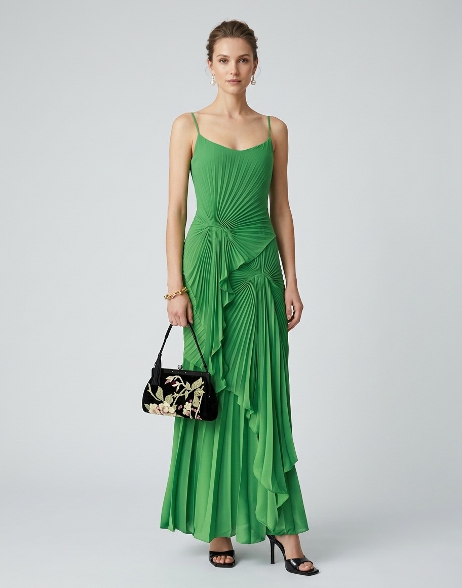 Emerald Cascade: Modern Pleated Elegance